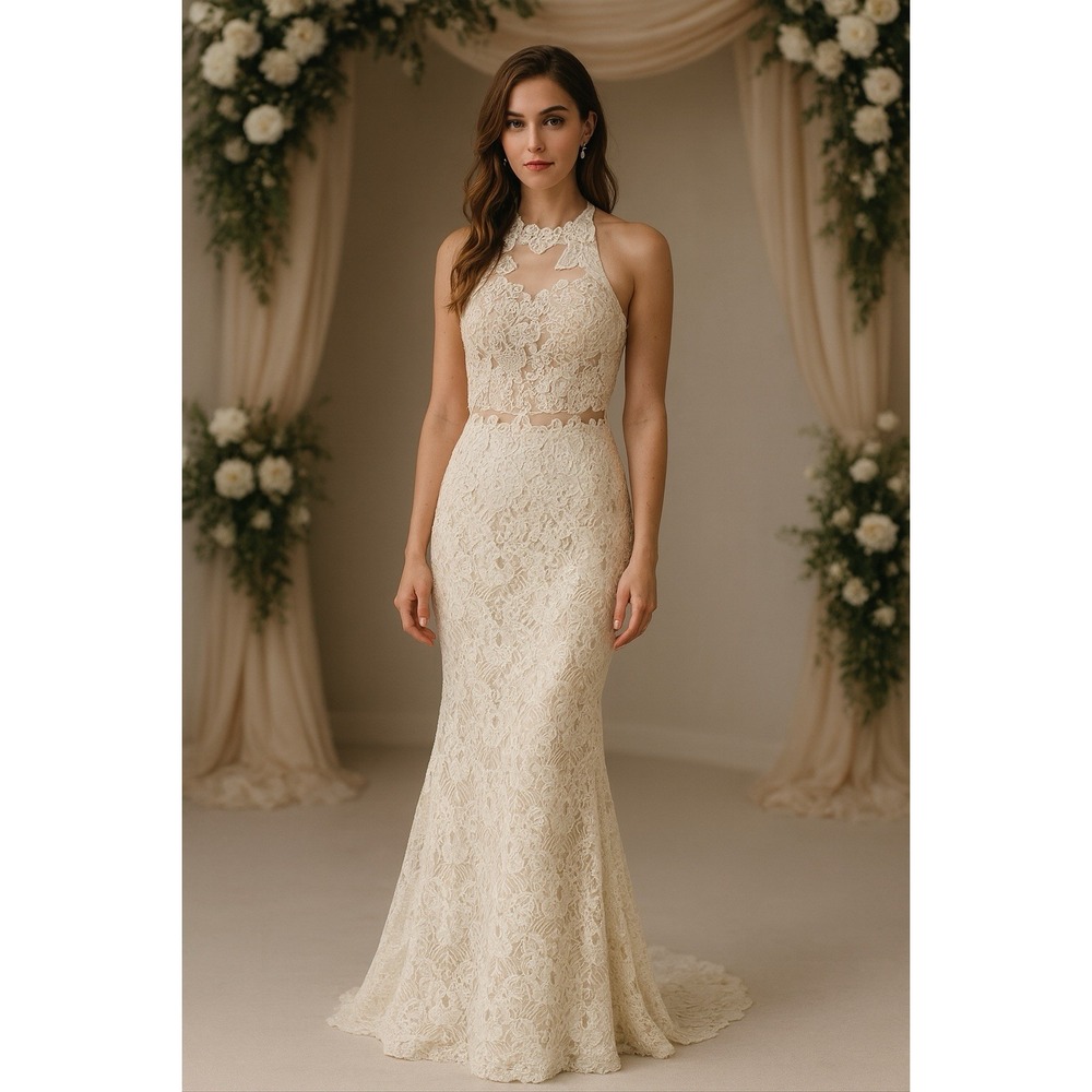 Lets Formal Dress Womens M Ivory Lace Beaded Sheath Bridal Mermaid Gown